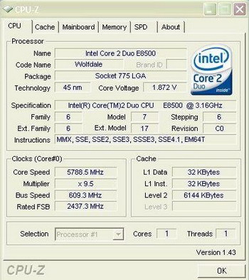 Core 2 duo E8500 @ 5788 mhz