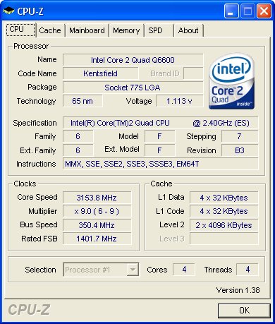 INTEL Core 2 Quad Q6600 - overclocking - 3.15 GHz