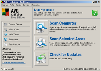 AVG Antivirus Free Edition main menu