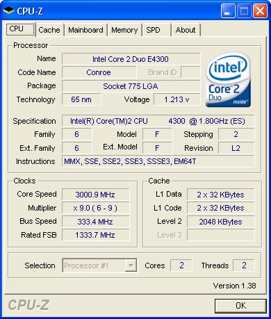 INTEL Core 2 Duo E4300 OC @ 3 Ghz